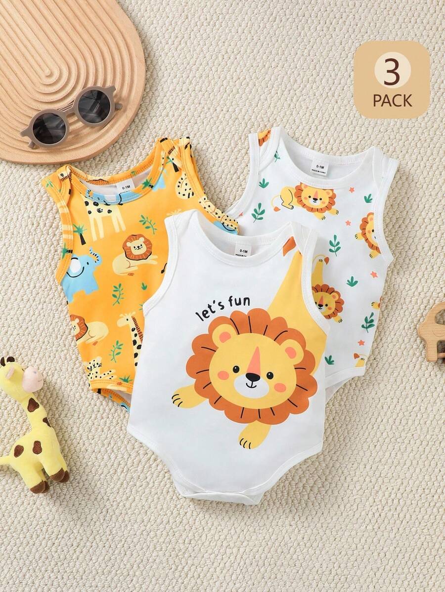 SHEIN Playful Pals 3件套男婴夏季蓝色可爱海洋生物印花连体衣 - 彩色 - 查看 1