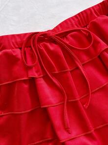 Soleia 女士休闲度假复古红白条纹撞色领抹胸上衣+红色抽绳蛋糕裙两件套，春夏款 - 紅白色 - 查看 4