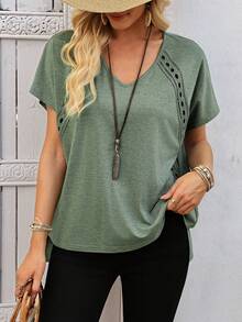 EMERY ROSE 女士宽松V领镂空纯色休闲短袖T恤 - 綠色 - 查看 3