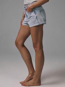 MUSERA Quần short denim cổ điển cạp trung, gấu quần xắn lên, kiểu dáng cơ bản mùa thu, phong cách đường phố dễ thương, thích hợp đi chơi, thường ngày, năng động, denim mùa xuân hè. - Rửa nhẹ - Xem 4