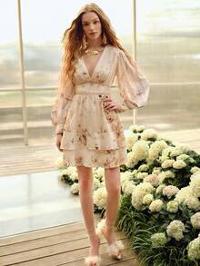 MOTF PREMIUM WOMEN'S ROMANTIC FLORAL PRINT WAIST CINCHED LONG SLEEVE SHORT DRESS, SPRING/SUMMER - Apricot - View 4