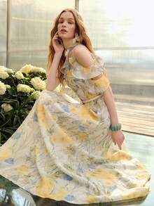 MOTF PREMIUM 女士束腰喇叭裙摆浪漫印花连衣裙，春夏款 - 黃色 - 查看 2