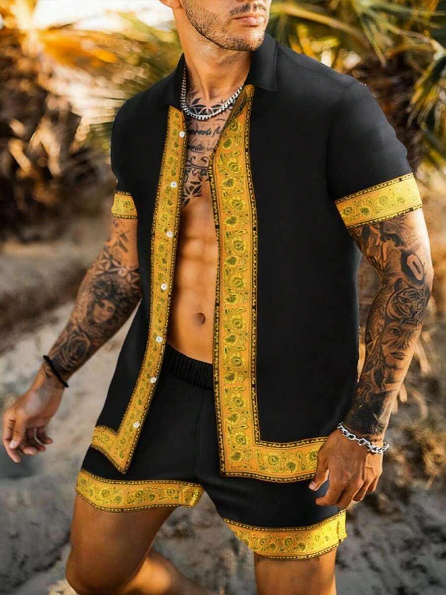Manfinity RSRT Men's Summer Casual Floral Print Patchwork Front Button Short Sleeve Shirt And Shorts Set Men Jamaica Shirt Cuban Shirt Men Mexican Shirts For Men Boho Men Shirt - Black - View 1