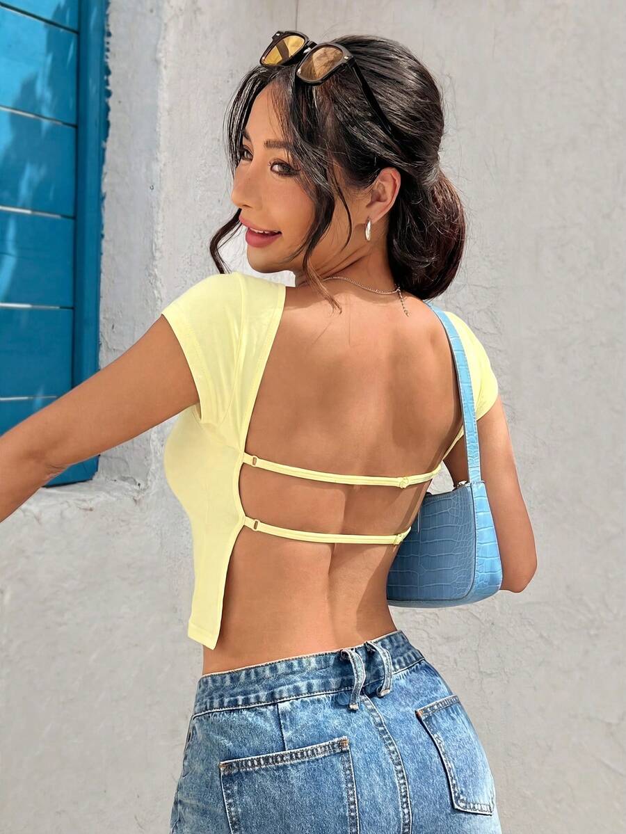 SHEIN EZwear Camiseta corta sin espalda de color liso - amarillo ganso - Ver 1