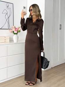 Easowa 长袖衬衫裙，领口，纽扣半开襟，高开衩，收腰设计，A字廓形，缎面面料，优雅百搭，适合派对、休闲、工作等场合，秋冬季女士经典服饰。女士奢华连衣裙，优雅女装，时尚女装，休闲女装，长袖连衣裙，女士职业装，棕色连衣裙，优雅女装，长袖纽扣连衣裙 - 巧克力棕 - 查看 3