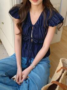 DAZY Women's V-Neck Tie Bow Cap Sleeve Blouse, Suitable For Daily Wear - Navy Blue - View 3