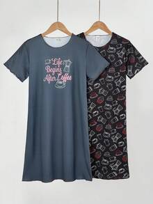 2pcs Girls Knit Printed Short Sleeve Nightgown Pajama Set, Spring/Summer - Multicolor - View 2