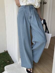 DAZY 女士休闲褶皱阔腿长款牛仔裤，春夏款 - 中等水洗藍 - 查看 3