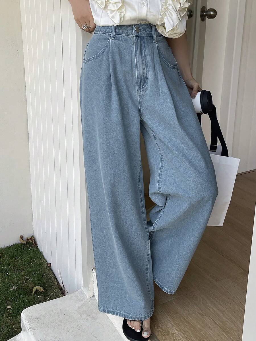 DAZY 女士休闲褶皱阔腿长款牛仔裤，春夏款 - 中等水洗藍 - 查看 1