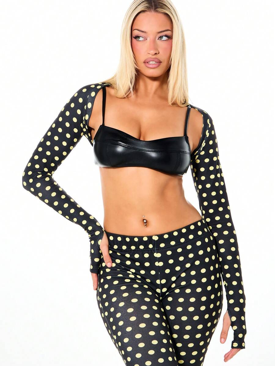 SUMWON WOMEN Polka Dot Print Long Sleeve Crop Shrug Open Front Cardigan With Bandeau Bustier Detail Fall Winter Fashion Top - Black - View 1
