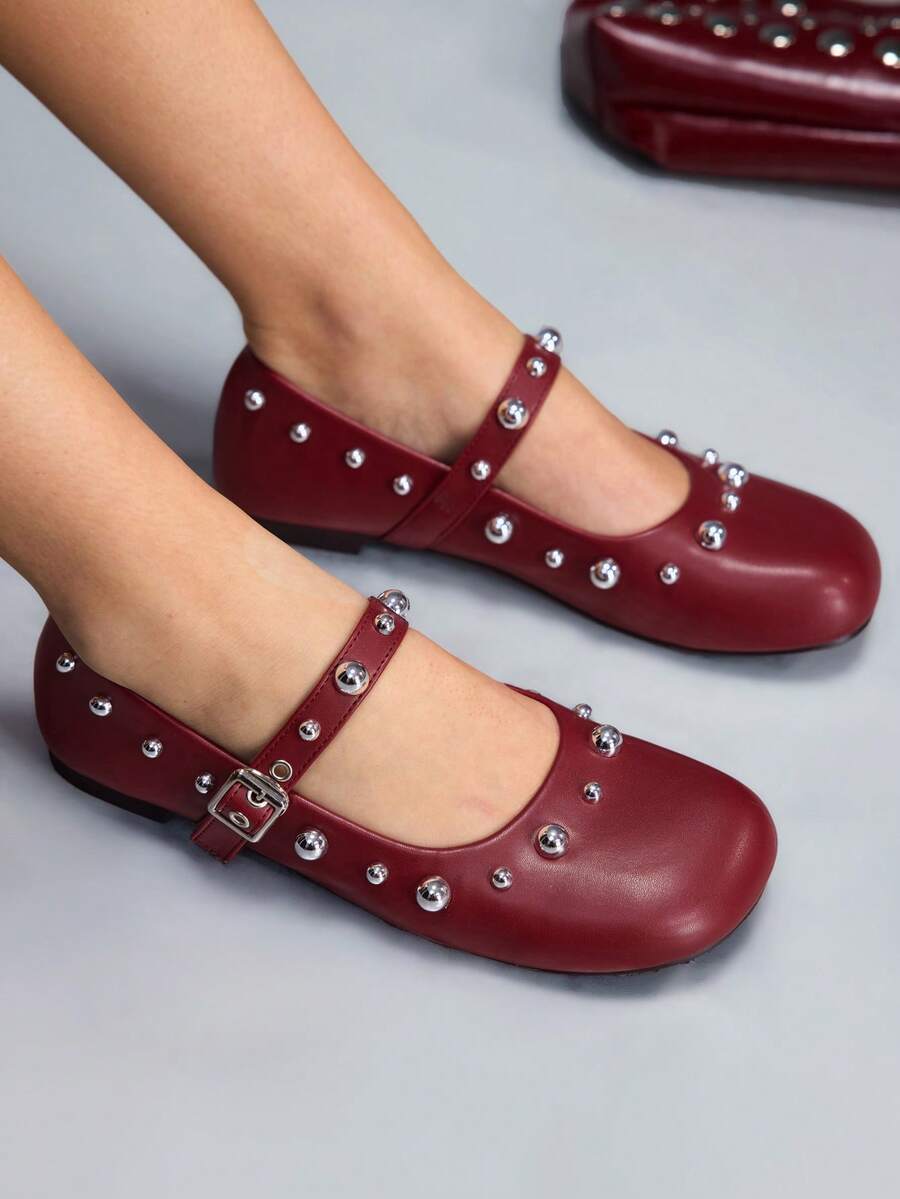CUCCOO GRLICON Women's Casual Buckle Studded Flat Loafers Valentine's Day - Burgundy - View 1
