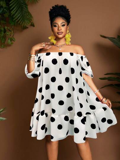 Maweii Vestido mini de verano para mujer talla grande con hombros descubiertos, corte evasé y estampado de lunares con mangas abullonadas