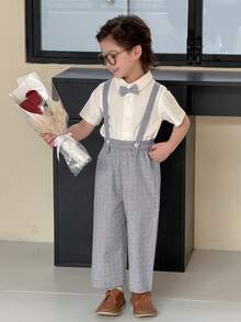 DAZY Young Boy's White Short Sleeve Shirt And Detachable Suspender Pants Gentleman Suit Set, Spring/Summer/Autumn - White - View 6