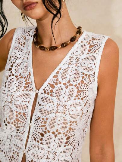 Poéselle 女士V领单排扣镂空设计背心，沙滩度假开衫，夏季音乐节，夏季白色钩针编织吊带背心