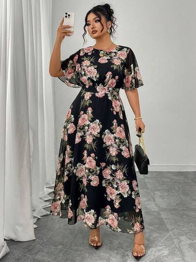 Modelyn Plus Size Women Elegant Round Neck Ruffle Flare Sleeve Fitted Flowy Chiffon Dress, Spring/Summer