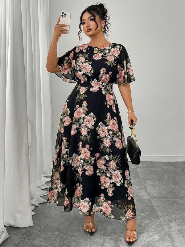 Modelyn Plus Size Women Elegant Round Neck Ruffle Flare Sleeve Fitted Flowy Chiffon Dress, Spring/Summer