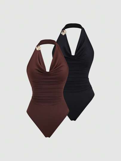 Sweetra 2pcs Women's Sexy Backless Floral Decor Draped Neck Bodysuit, Summer