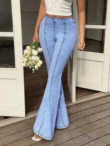 Sunnyshic Quần jean ống loe nữ, kiểu dáng thường ngày, chất liệu denim, có khóa kéo bên hông, thích hợp cho kỳ nghỉ. - Màu xanh lam - Xem 5