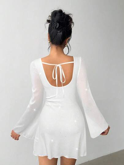 Aloruh Elegant Bow Tie Backless Sexy Glitter Fabric Fitted Mini Dress,White Dresses For Women