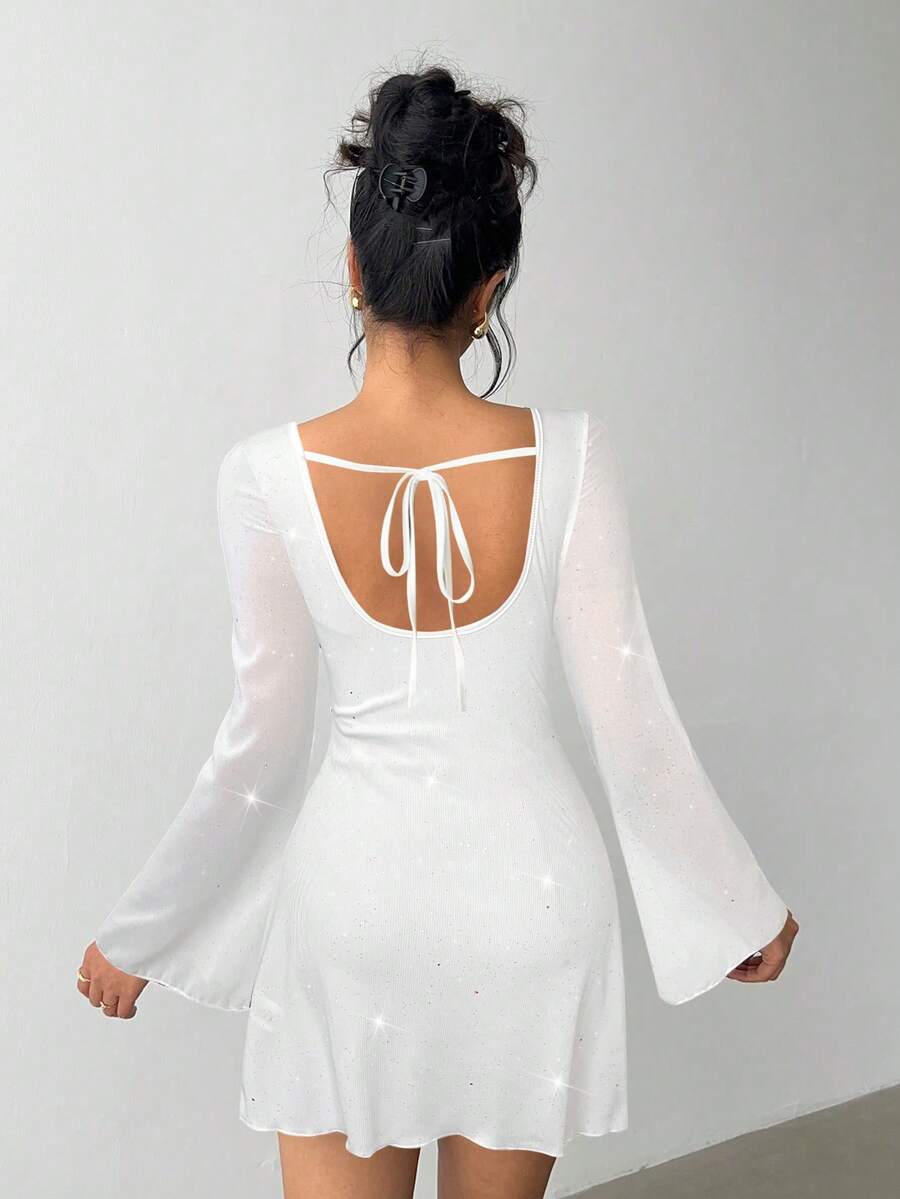 Aloruh Elegant Bow Tie Backless Sexy Glitter Fabric Fitted Mini Dress,White Dresses For Women - White - View 1