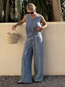 DAZY Women's Casual Denim Vest And Pants Set - Blue - View 3