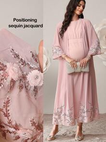 SHEIN 两件套孕妇花卉贴花喇叭袖睡袍和圆领无袖连衣裙优雅套装 - 粉色 - 查看 1