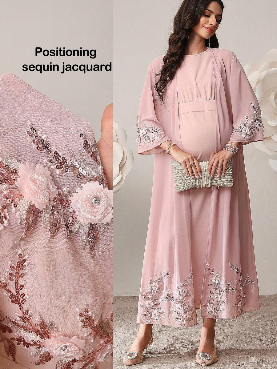 SHEIN 两件套孕妇花卉贴花喇叭袖睡袍和圆领无袖连衣裙优雅套装 - 粉色 - 查看 1