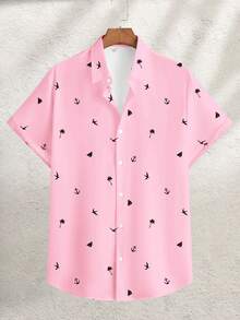 Manfinity RSRT Áo sơ mi nam cỡ lớn in hình mỏ neo, cài cúc phía trước, tay ngắn, kiểu dáng thường ngày. - Hồng - Xem 3