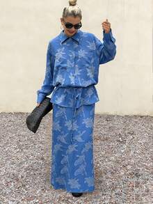 DAZY 女士蓝色单排扣抽绳长袖上衣和裙子两件套 - 藍色 - 查看 2