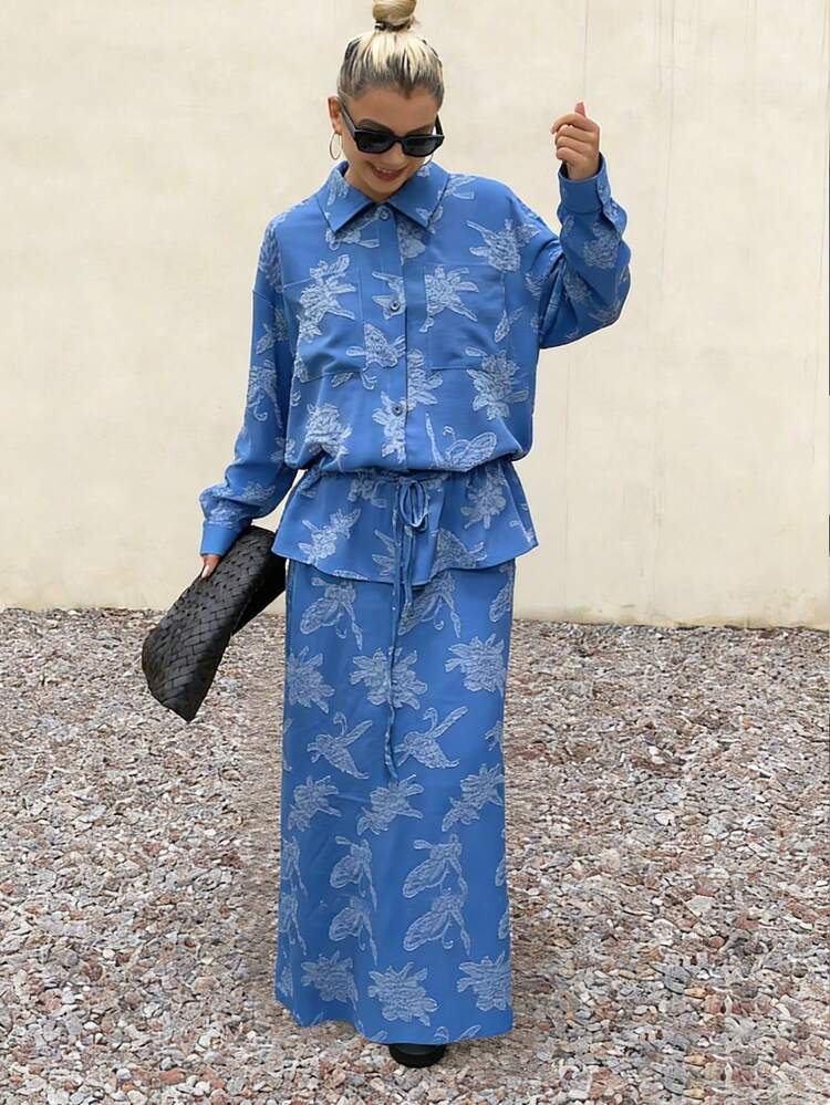 Women's Blue Single-Breasted Drawstring Long Sleeve Top And Skirt 2 Pieces Set