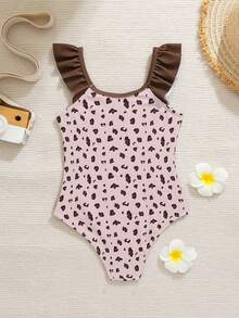 SHEIN Young Girls Round Neck Ruffle Trim Cartoon Rabbit Print One-Piece Swimsuit, Summer - Multicolor - View 2