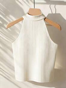 Top sin mangas de unicolor minimalista para mujer, uso casual de todos los días - Blanco - Ver 2