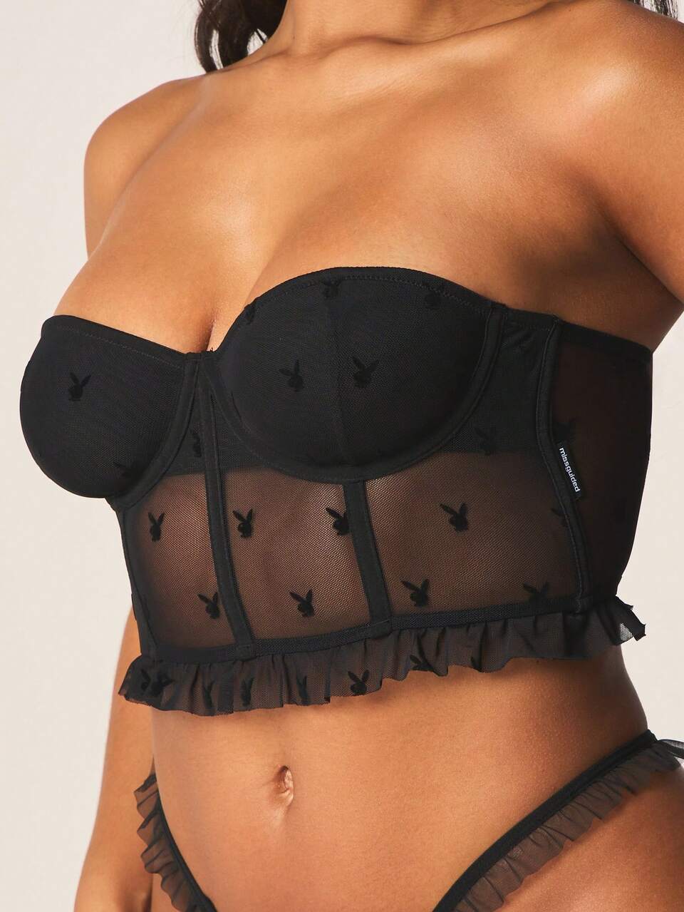 Missguided x Playboy Strapless Mesh Panel Corset With Ruffle Trim And Bunny Print Details For Evening Occasions, Sexy Outfit