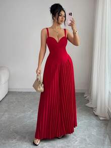 Elenzga Elegant Urban Chic New Women's Burgundy Heart Neck Sleeveless Pleated Slim Ankle-Length Jumpsuit, Suitable For Daily Wear, Weddings, Galas, Commuting, Graduation Parties, Holidays, Dates, Parties, Halloween, Christmas, New Year, Thanksgiving, Weddings - Red - View 3