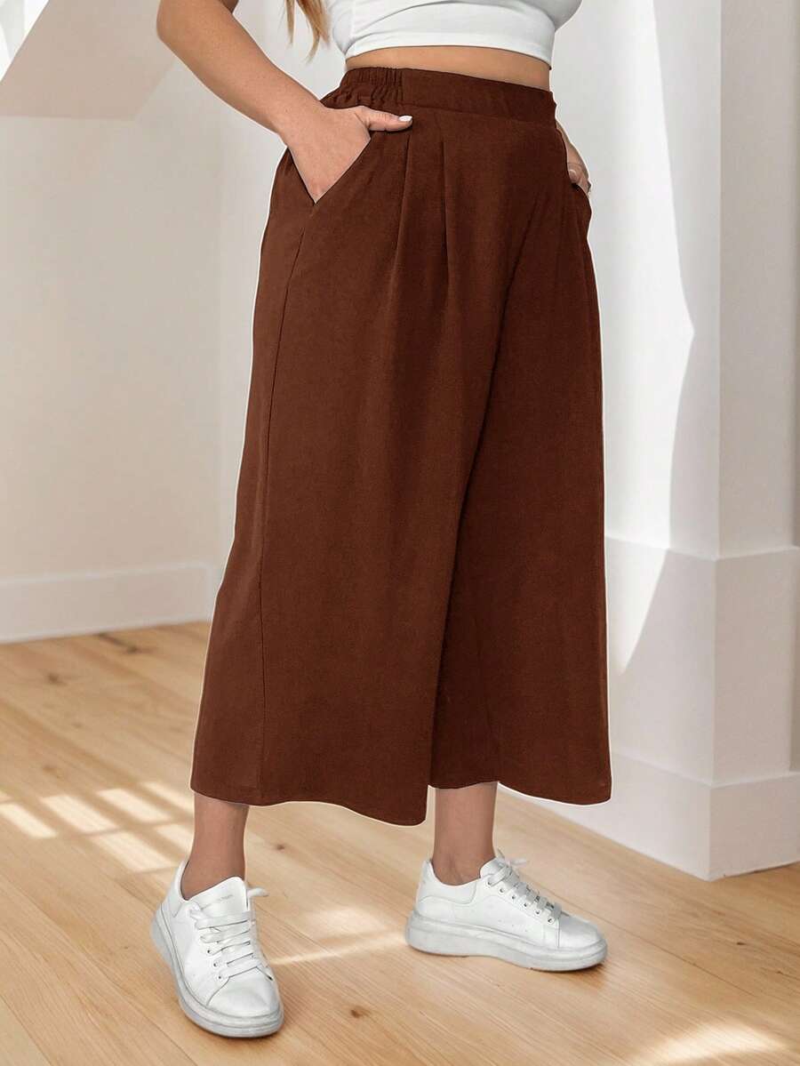 SHEIN Essnce 大码女装春夏时尚休闲宽松舒适日常基础款黑色弹力腰七分阔腿裤，女式下装，夏季女装，宽松裤 - 咖啡棕 - 查看 1