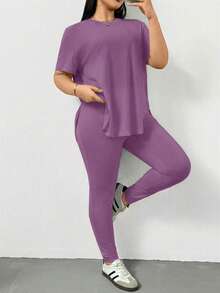 Shapeblank 大码女装春夏时尚休闲运动舒适百搭显瘦日常黑色短袖T恤和打底裤两件套，裤装套装，街头风，机场穿搭，夏季女装，外出穿搭，Y2K风格，极简风，女士教堂着装 - 淡紫色 - 查看 2