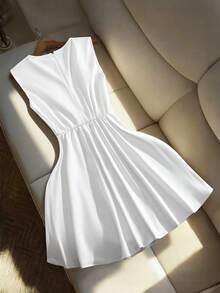 GlowEve Sleeveless Blazer Collar Pearl Button Waist A-Line Mini Dress, Elegant Chic Slimming Mature Style Little Black Dress - White - View 2