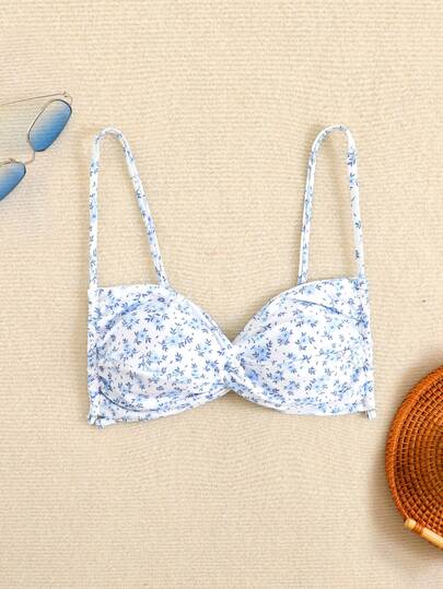 Swim Mod 1pc Women's Cute Ditsy Floral Front Twist Bandeau Swimwear Top, Summer