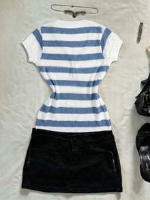 INAWLY Striped Waist Cinching V-Neck Casual Knit Versatile Slim Fit Top - Blue and White - View 2