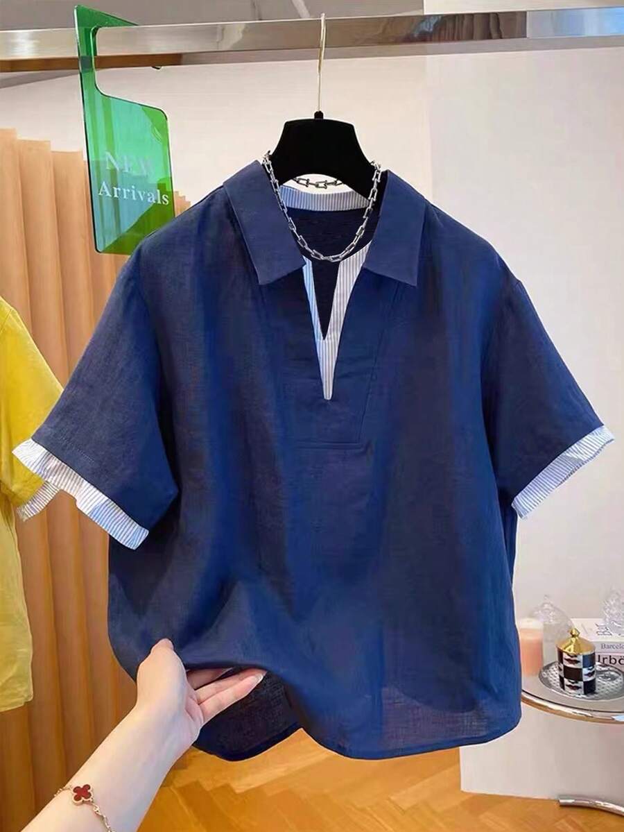 Resyla Blusa casual de mujer a rayas y patchwork 2 en 1, adecuada para el uso diario y el uso en casa, primavera/verano - Azul Marino - Ver 1