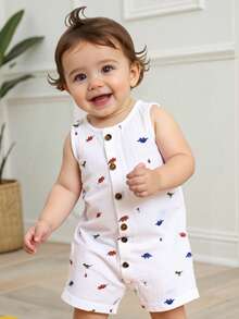 Cozy Pixies 男婴卡通椰子树图案圆领无袖连体短裤，休闲百搭 - 彩色 - 查看 1