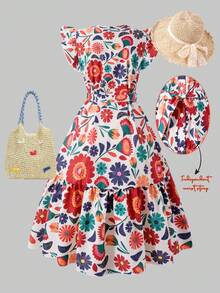 ChillGRL Tropical Floral Print Woven Dress For Teen GirlCollared Shirt Dress With Ruffle Sleeves And Adjustable Waist Belt, Suitable For Casual Daily And Vacation Wear In Spring/Summer - Multicolor - View 2