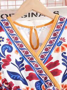 ChillGRL Tween Girls Elegant White Floral Summer Boho Vacation Holiday Ruffle Trim Colorful Printed A-Line Dress,Suitable For Casual Daily Commute Gathering - Multicolor - View 7