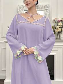 Yasmyna New Design Ruffled Collar Criss-Cross Romantic Elegant Vacation Dress - Mauve Purple - View 2
