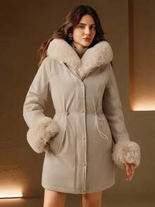 Anewsta 加厚长毛绒领带收腰派克大衣，女士羽绒服 - 米色 - 查看 4