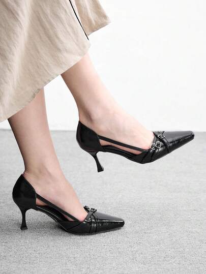 CUCCOO BIZCHIC 女士户外圆头细高跟搭扣装饰复古PU皮革时尚简约舒适日常派对套脚镂空高跟鞋