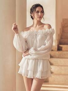 Anewsta 女士露肩长袖纯色花卉装饰时尚衬衫 - 白色 - 查看 6