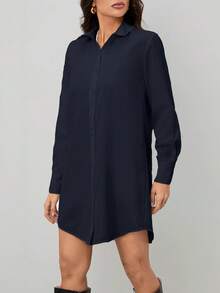 SHEIN Tall White Shirt Style Work Dress For Women, Spring - Navy Blue - View 4