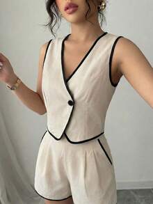 Selianne Bộ trang phục thanh lịch dành cho nữ, gồm áo blazer không tay dáng ôm màu kaki và đen giả vải lanh, kết hợp cùng quần short dáng ôm màu kaki có túi, thích hợp cho kỳ nghỉ. - Màu Khaki - Xem 3