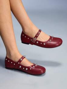 CUCCOO GRLICON Women's Casual Buckle Studded Flat Loafers Valentine's Day - Burgundy - View 6